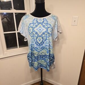 Faded Glory‎ Women's Plus Size XXL 20 Blue Medallion Lace Sleeve Tunic Top Shirt